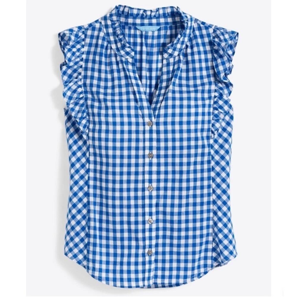 NWT Draper James blue gingham sleeveless ruffle detail button down blouse top - Picture 2 of 13